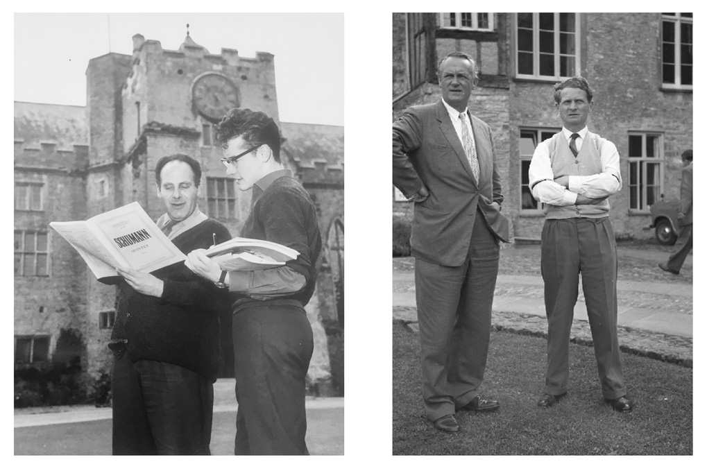 Two old photographs, one of a two men, looking at a music booklet, wearing dark jumpers and trousers, in front of an old building with a clock at the top, and an old photo of two mean wearing a suits.